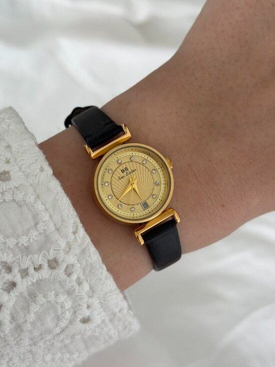 Sku0486 vintage vibe retro mini watch gold black leather strap + in a gift bag main image 3